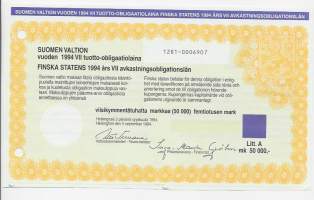 Suomen valtion vuoden 1994 VII  tuotto-obligaatiolaina Litt A 50 000 mk Iiro Viinanen Valtiovarainministeri 5.9.1994