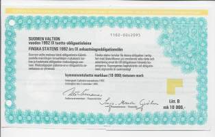 Suomen valtion vuoden 1992 III  tuotto-obligaatiolaina Litt B 10 000 mk Iiro Viinanen Valtiovarainministeri  2.3.1992