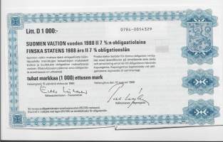 Suomen valtion vuoden 1988  II  7  %:n obligaatiolaina      Litt D 1 000 mk, Helsinki  15.8..1988 obligaatio