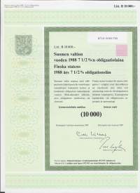 Suomen valtion vuoden 1988    7,50  %:n obligaatiolaina      Litt B 10 000 mk, Helsinki  4.1.1988 - obligaatio