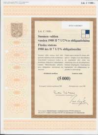 Suomen valtion vuoden 1988   II 7,50  %:n obligaatiolaina      Litt C 5 000 mk, Helsinki  1.3.1988 - obligaatio