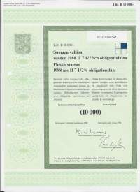 Suomen valtion vuoden 1988   II 7,50  %:n obligaatiolaina      Litt B 10 000 mk, Helsinki  1.3.1988 - obligaatio