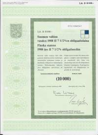 Suomen valtion vuoden 1988   II 7,50  %:n obligaatiolaina      Litt B 10 000 mk, Helsinki  1.3.1988 - obligaatio