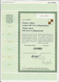 Suomen valtion vuoden 1987   8  %:n obligaatiolaina      Litt B 10 000 mk, Helsinki  2.1.1987