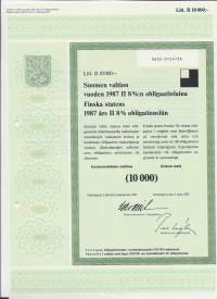 Suomen valtion vuoden 1987 II  8  %:n obligaatiolaina      Litt B 10 000 mk, Helsinki  2.3.1987