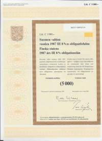 Suomen valtion vuoden 1987 III  8  %:n obligaatiolaina      Litt B 10 000 mk, Helsinki  4.5.1987
