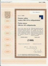 Suomen valtion vuoden 1986  10  %:n obligaatiolaina      Litt C 5 000 mk, Helsinki  2.1.1986 - obligaatio
