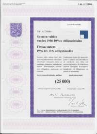 Suomen valtion vuoden 1986  10  %:n obligaatiolaina      Litt A 25 000 mk, Helsinki  2.1.1986 - obligaatio