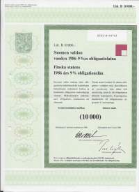 Suomen valtion vuoden 1986  9  %:n obligaatiolaina      Litt B 10 000 mk, Helsinki  3,3.1986 - obligaatio