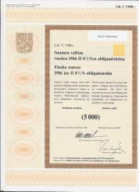 Suomen valtion vuoden 1986 II 8,5  %:n obligaatiolaina      Litt C 5 000 mk, Helsinki  2.5.1986 - obligaatio
