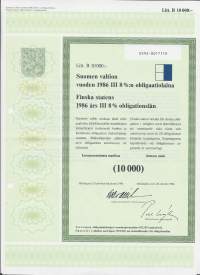 Suomen valtion vuoden 1986 III  8  %:n obligaatiolaina      Litt B 10 000 mk, Helsinki  20.10.1986 - obligaatio