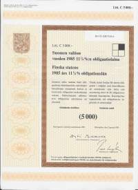 Suomen valtion vuoden 1985   11,25  %:n obligaatiolaina      Litt C 5 000 mk, Helsinki   2.1.1985 -obligaatio