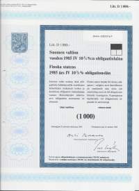 Suomen valtion vuoden 1985   IV 10,75  %:n obligaatiolaina      Litt D 1 000 mk, Helsinki   21.10.1985 -obligaatio