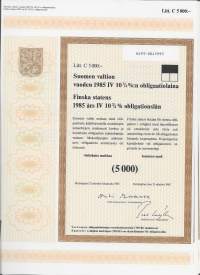 Suomen valtion vuoden 1985   IV 10,75  %:n obligaatiolaina      Litt C 5 000 mk, Helsinki   21.10.1985 -obligaatio