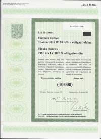 Suomen valtion vuoden 1985   IV 10,75  %:n obligaatiolaina      Litt B 10 000 mk, Helsinki   21.10.1985 -obligaatio