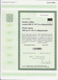 Suomen valtion vuoden 1985   IV 10,75  %:n obligaatiolaina      Litt B 10 000 mk, Helsinki   21.10.1985 -obligaatio