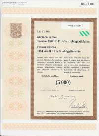 Suomen valtion vuoden 1984  II  11,25  %:n obligaatiolaina      Litt C  5 000 mk, Helsinki  15.10 .1984 obligaatio