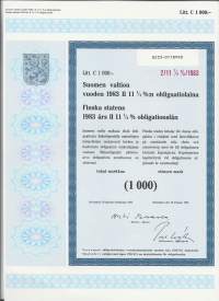 Suomen valtion vuoden 1983  II  11,25  %:n obligaatiolaina      Litt C  1 000 mk, Helsinki  28.2.1983 obligaatio