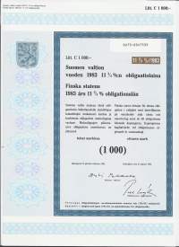 Suomen valtion vuoden 1983    11,75  %:n obligaatiolaina      Litt C  1 000 mk, Helsinki  15.8.1983 obligaatio