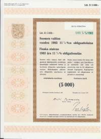 Suomen valtion vuoden 1983    11,25  %:n obligaatiolaina      Litt B  5 000 mk, Helsinki  2.1.1983 obligaatio