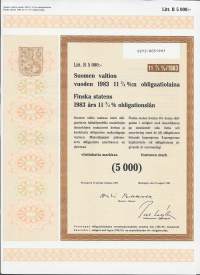 Suomen valtion vuoden 1983    11,75  %:n obligaatiolaina      Litt B  5 000 mk, Helsinki  15.8.1983 obligaatio