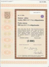 Suomen valtion vuoden 1983 II   11,75  %:n obligaatiolaina      Litt B  5 000 mk, Helsinki  17.10.1983 obligaatio