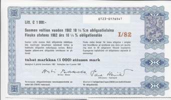 Suomen valtion vuoden 1982 I  10,25  %:n obligaatio laina      Litt B  1 000 mk, Helsinki   4.1.1982  obligaatio