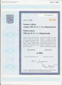 Suomen valtion vuoden 1982  II  11,75  %:n obligaatio laina      Litt C  1 000 mk, Helsinki   1.3. 1982  obligaatio