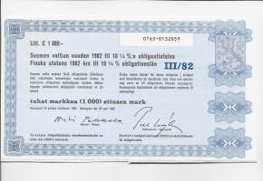 Suomen valtion vuoden 1982  III  10,25  %:n obligaatio laina      Litt C  1 000 mk, Helsinki   28.4. 1982  obligaatio