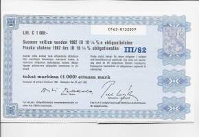 Suomen valtion vuoden 1982  III  10,25  %:n obligaatio laina      Litt C  1 000 mk, Helsinki   28.4. 1982  obligaatio