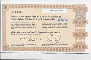 Suomen valtion vuoden 1982  III  10,25  %:n obligaatio laina      Litt B 5 000 mk, Helsinki   28.4. 1982  obligaatio