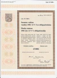 Suomen valtion vuoden 1981   11,75  %:n obligaatiolaina      Litt B 5 000 mk, Helsinki  2.1.1981 obligaatio