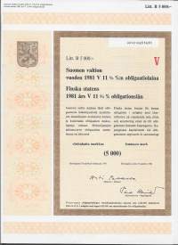 Suomen valtion vuoden 1981 V  11,75  %:n obligaatiolaina      Litt B 5 000 mk, Helsinki  19.10.1981 obligaatio