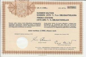 Suomen valtion vuoden 1970 7 %:n obligaatiolaina Litt A 1000 mk, Helsinki 2.1.1970 obligaatio