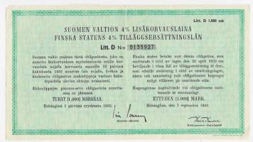 Suomen valtion 4 % lisäkorvauslaina Litt D  1 000 mk, Helsinki 1.9.1955 obligaatio