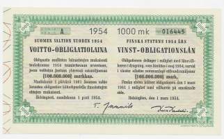 Suomen Valtion vuoden 1954 voitto-obligaatiolaina 1000 mk Helsinki  1.3.  1954  obligaatio