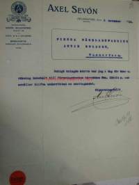 Axel Sevón Specialaffär i Maskinförnödenheter, Helsingfors. Dokument 2.11.1910
