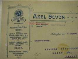 Axel Sevón Specialaffär i Maskinförnödenheter, Helsingfors. Dokument 9.8.1910
