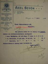 Axel Sevón Specialaffär i Maskinförnödenheter, Helsingfors. Dokument 7.4.1910