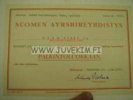 Suomen Ayrshireyhdistys &quot;Ellu 39939 AA&quot; -lehmien kantakirja palkintoluokkatodistus