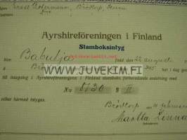 Ayrshireföreningen i Finland / Suomen Ayrshireyhdistys Kon &quot;Babulja&quot;, omistaja Ernst Rotermann, Brödtorp, Skuru -kantakirjatodistus 1922