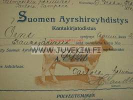 Suomen Ayrshireyhdistys Sonni &quot;Arne&quot;, omistaja Hannes Palmrothin perilliset, Partola, Tampere, kasvattaja B. Grahn, Kaunajärvi, Wehmainen -kantakirjat