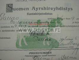 Suomen Ayrshireyhdistys Lehmä &quot;Anna I&quot;, omistaja Hannes Palmrothin perilliset, Partolan Kartano, Tampere, kasvattaja Hannes Palmroth -kantakirjatodist