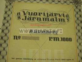 Ab Vuorijärvi Järnmalm Oy, Helsinki, 1 000 mk -osakekirja