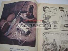 Kotiliesi 1950 nr 3, maalaiskodin keittiö esittelyssä, v 1950. Riepumattojen kutominen, onko teillä keinutuoli?, pehkua, paperia, pahvia vai kunnon kapalot?
