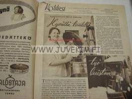 Kotiliesi 1950 nr 3, maalaiskodin keittiö esittelyssä, v 1950. Riepumattojen kutominen, onko teillä keinutuoli?, pehkua, paperia, pahvia vai kunnon kapalot?