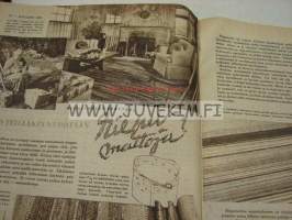 Kotiliesi 1950 nr 3, maalaiskodin keittiö esittelyssä, v 1950. Riepumattojen kutominen, onko teillä keinutuoli?, pehkua, paperia, pahvia vai kunnon kapalot?