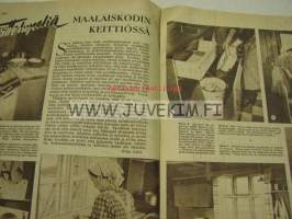 Kotiliesi 1950 nr 3, maalaiskodin keittiö esittelyssä, v 1950. Riepumattojen kutominen, onko teillä keinutuoli?, pehkua, paperia, pahvia vai kunnon kapalot?