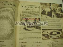 Kotiliesi 1950 nr 3, maalaiskodin keittiö esittelyssä, v 1950. Riepumattojen kutominen, onko teillä keinutuoli?, pehkua, paperia, pahvia vai kunnon kapalot?