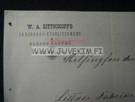 W.A. Sittnikoff&#039;s Skrädderi-Etablissement  Helsingfors/Helsinki 15.7.1890 -asiakirja